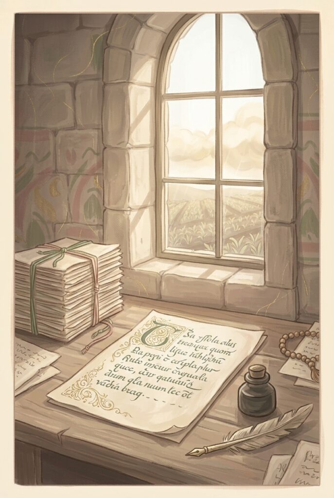 Words of his wisdom as showers — an unfinished manuscript on a monastery desk in midday light