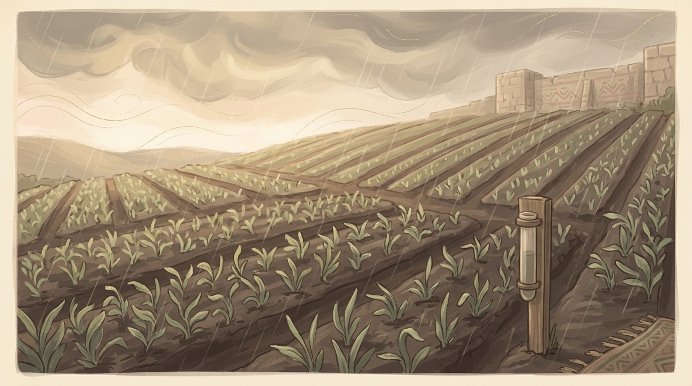 Words of his wisdom as showers — steady rain falling on rows of turned earth and young green shoots
