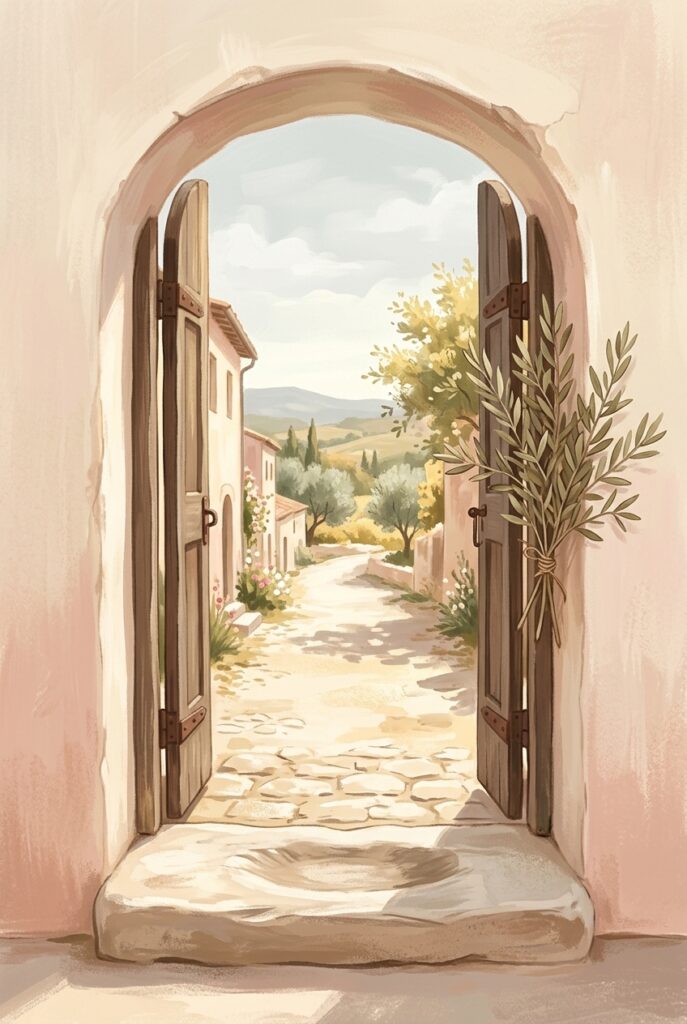 An open village gateway in morning light with a worn threshold stone, illustrating the place where the ten lepers stood afar off