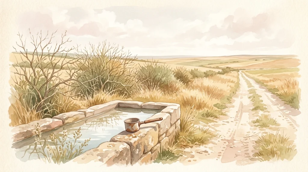 A stone water trough beside a dusty cart track under a wide midday sky—the smallest thing a traveller can be handed, a cup of cold water given in the name of a disciple
