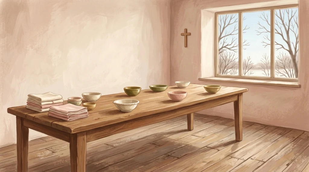 A long plain table set for an ordinary meal in late-morning daylight beside a wide winter window