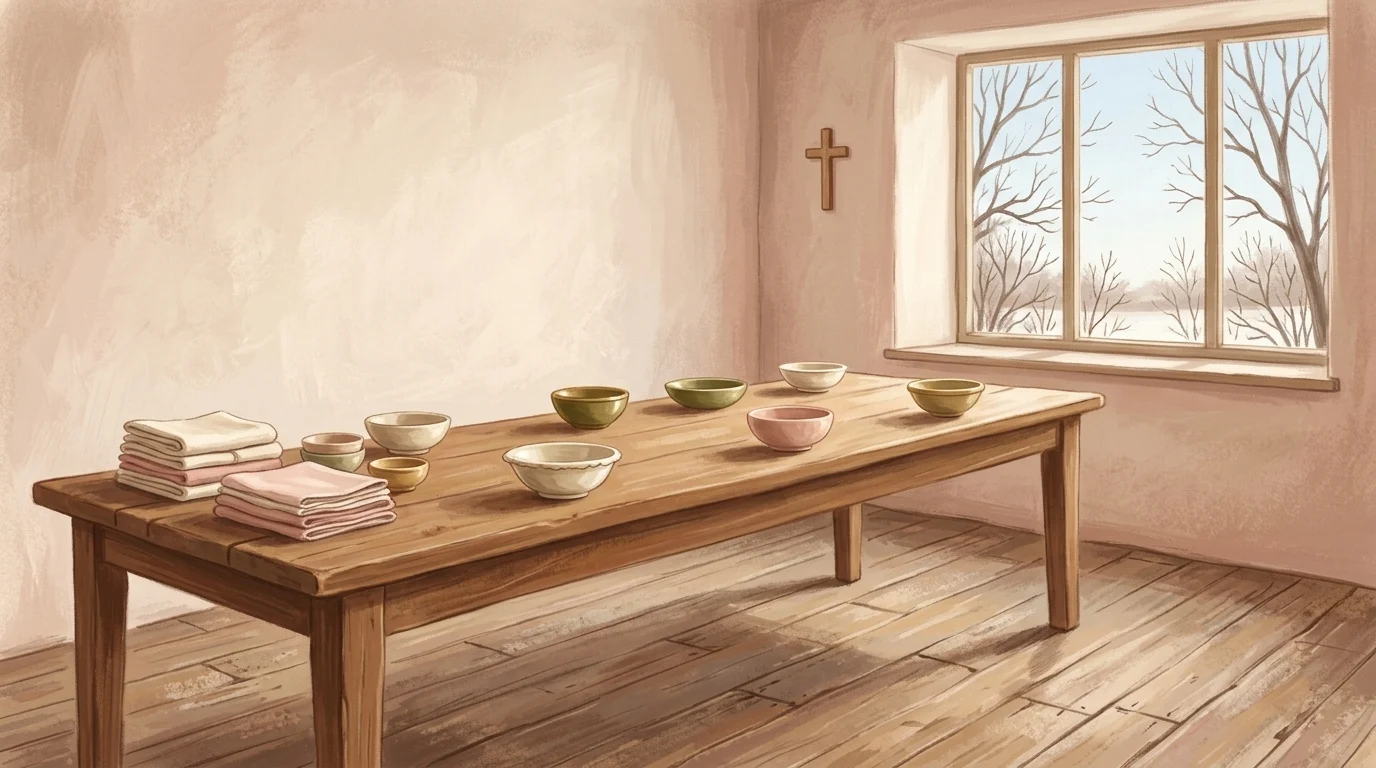 A long plain table set for an ordinary meal in late-morning daylight beside a wide winter window