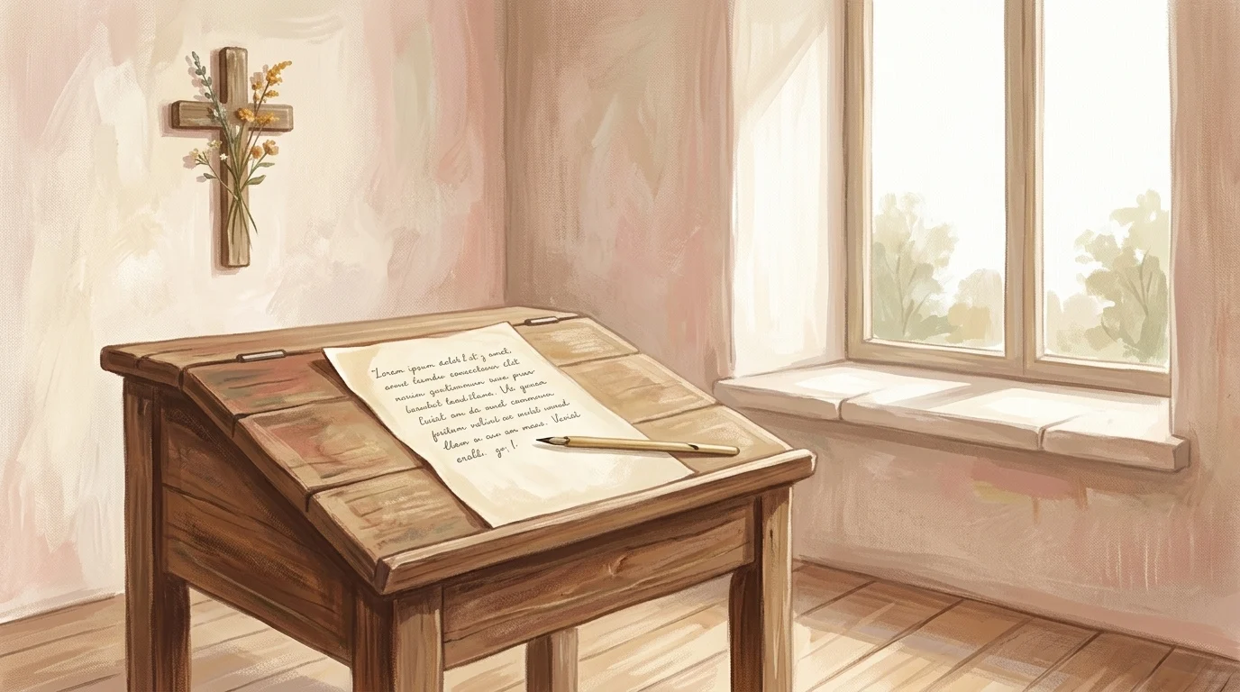 A sheet of vellum on a writing desk with the last line unfinished and a reed pen laid across it
