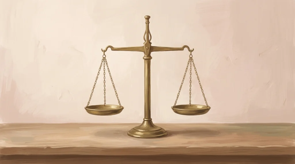 Abound in hope — old brass balance scales on a plain wooden counter, both pans empty and hanging level in flat morning daylight