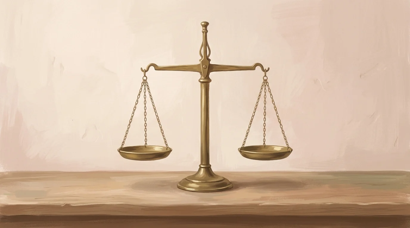Abound in hope — old brass balance scales on a plain wooden counter, both pans empty and hanging level in flat morning daylight