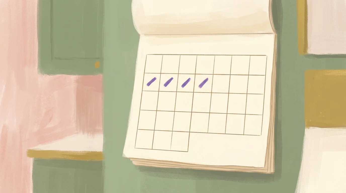 Abound in hope — a paper wall calendar open at one week in a bare kitchen, four weekday squares each carrying the same small violet stroke