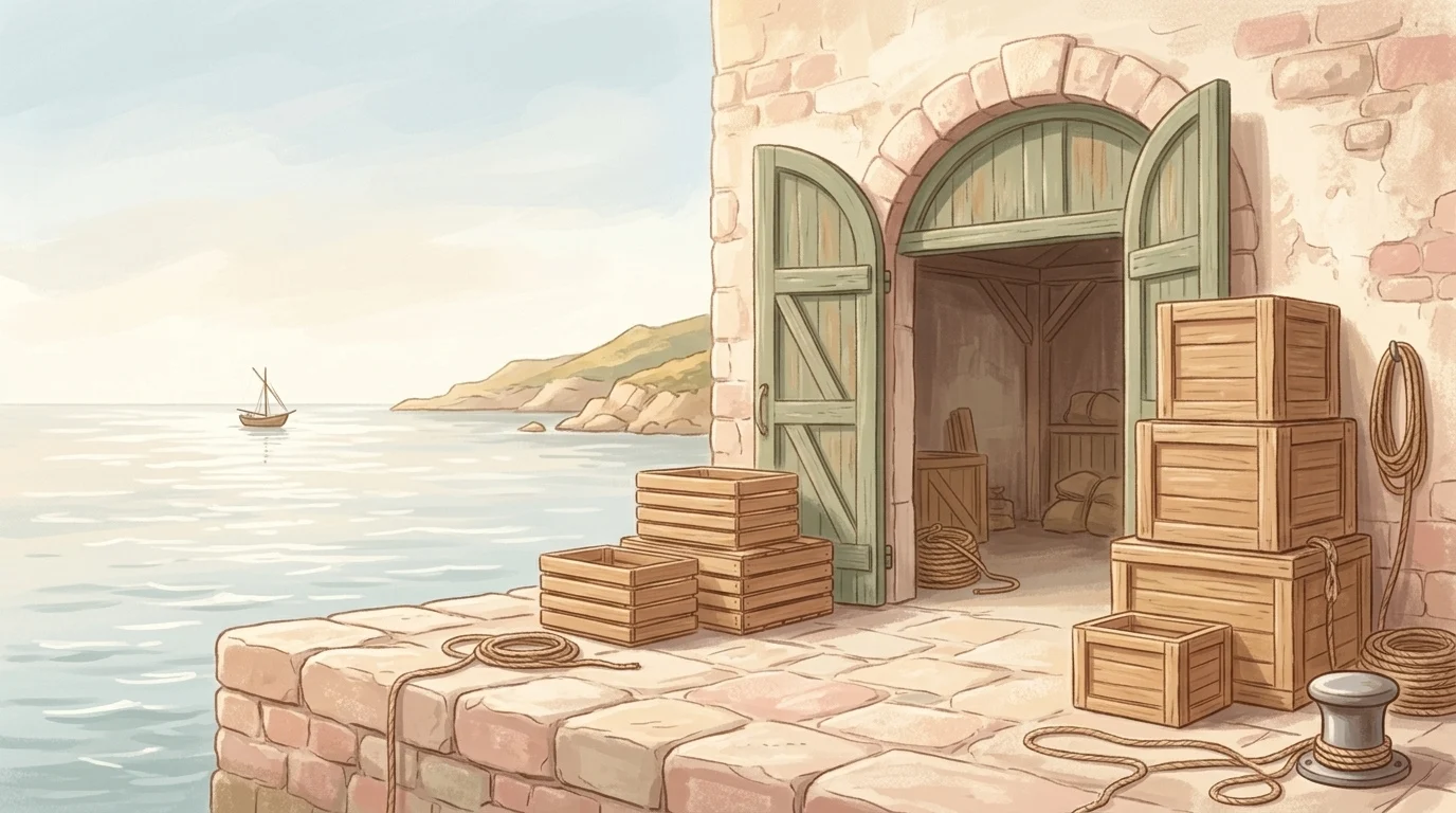 Empty crates of three different sizes stacked according to his proper ability on a stone quay in winter daylight