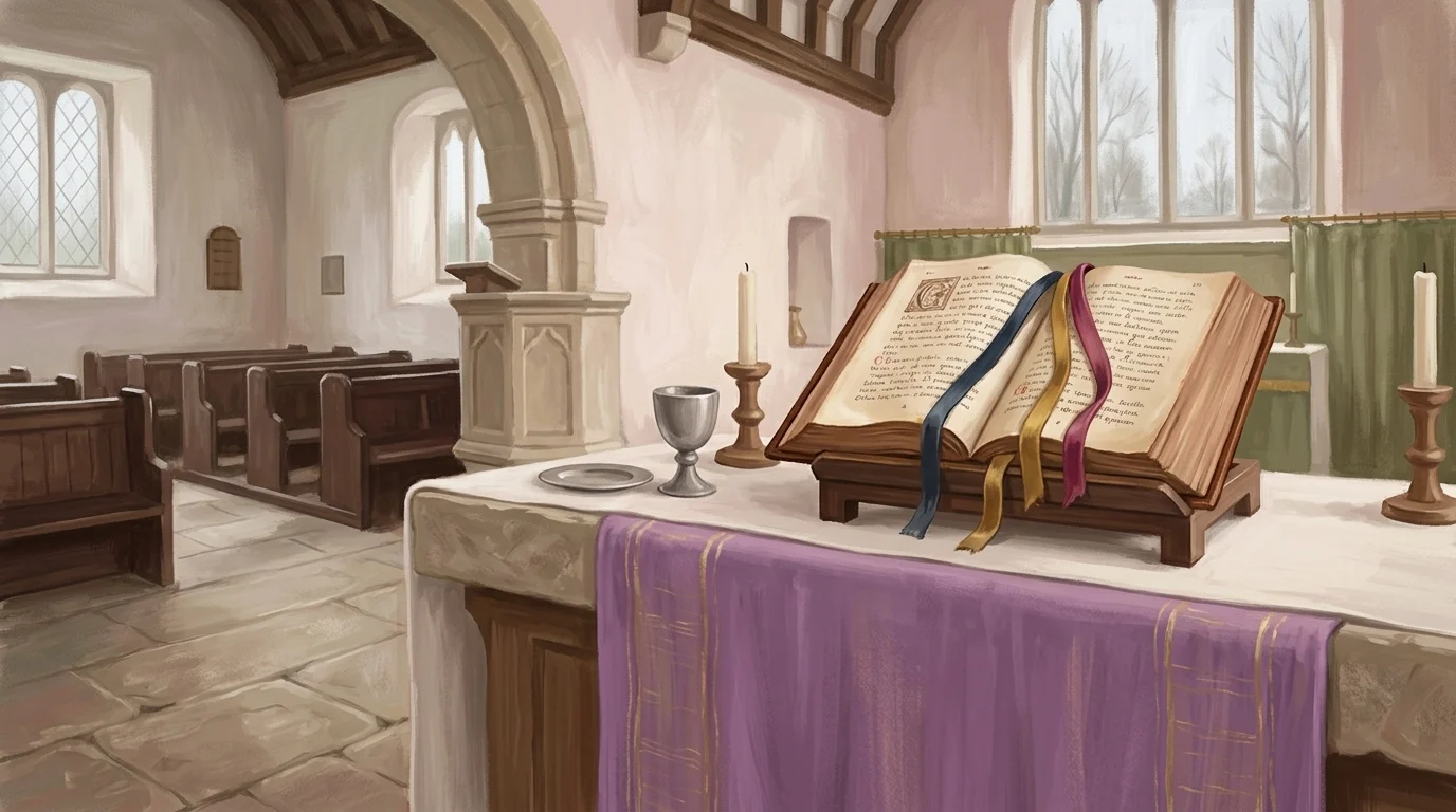 An open missal with three ribbon markers on a single page under a violet frontal — a third morning asking God to put forth Your power in the same words