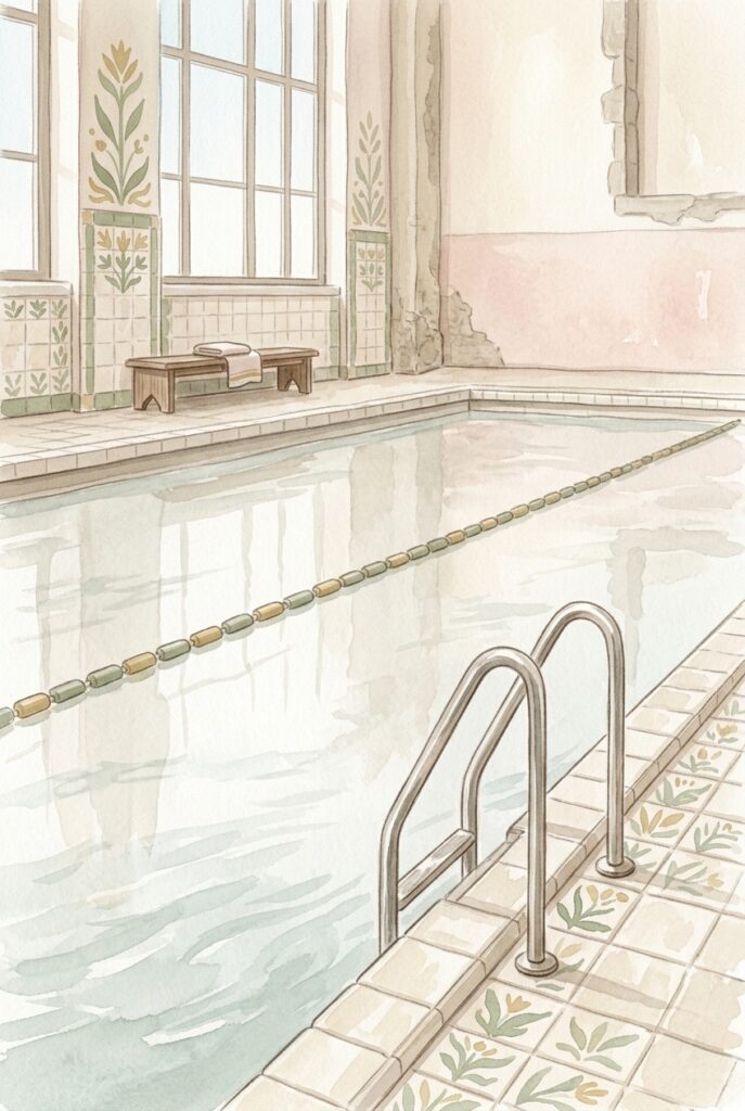 An empty municipal swimming pool with one lane rope in early morning light, illustrating a standing weekly appointment somebody else arranged