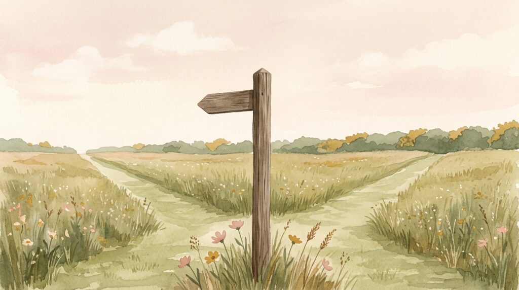 A wooden signpost at a fork in a grass path across an open field in morning light — a prayer to be led rather than driven toward all things profitable to our salvation