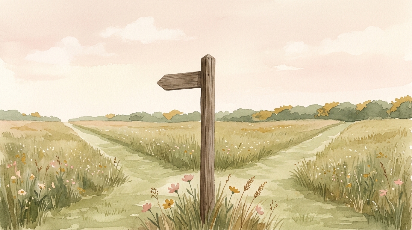 A wooden signpost at a fork in a grass path across an open field in morning light — a prayer to be led rather than driven toward all things profitable to our salvation