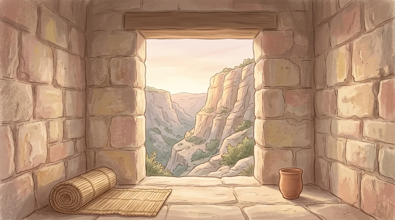 The view from a bare stone cell at dawn onto a dry rocky ravine, a reed mat and clay cup on the floor