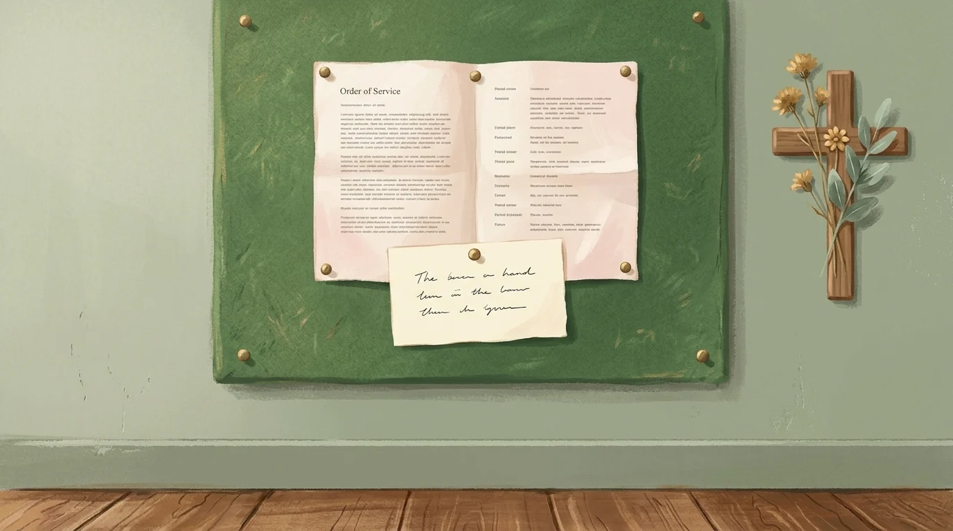An order of service pinned to a baize pinboard with a smaller slip of paper tacked beneath it