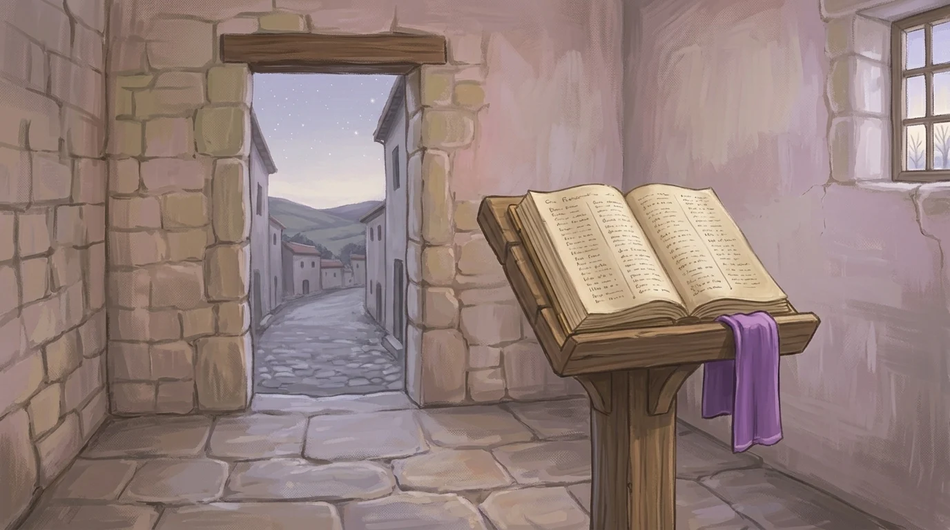 An open book of records on a chapel lectern at first light with a violet stole folded beside it, the Church's own count of the years down to one birth, read on the eve of the Mass about being a just man