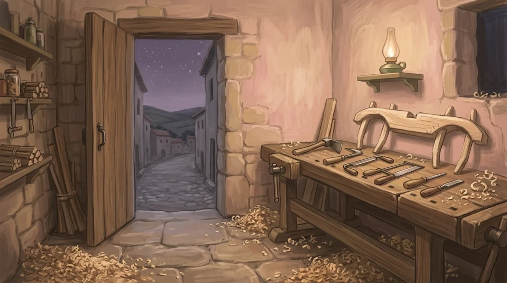 A carpenter's workbench with the tools laid down and a door ajar onto a violet dusk, the quiet room where a decision was made before any angel spoke, which is what the Gospel means by being a just man