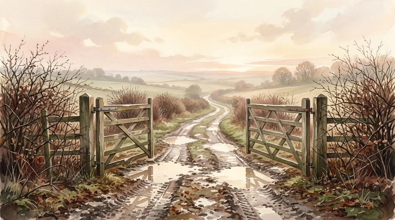 An open five-bar gate onto a rutted lane at first light after December rain — an Advent prayer that asks God to come to our aid rather than to clear the road first