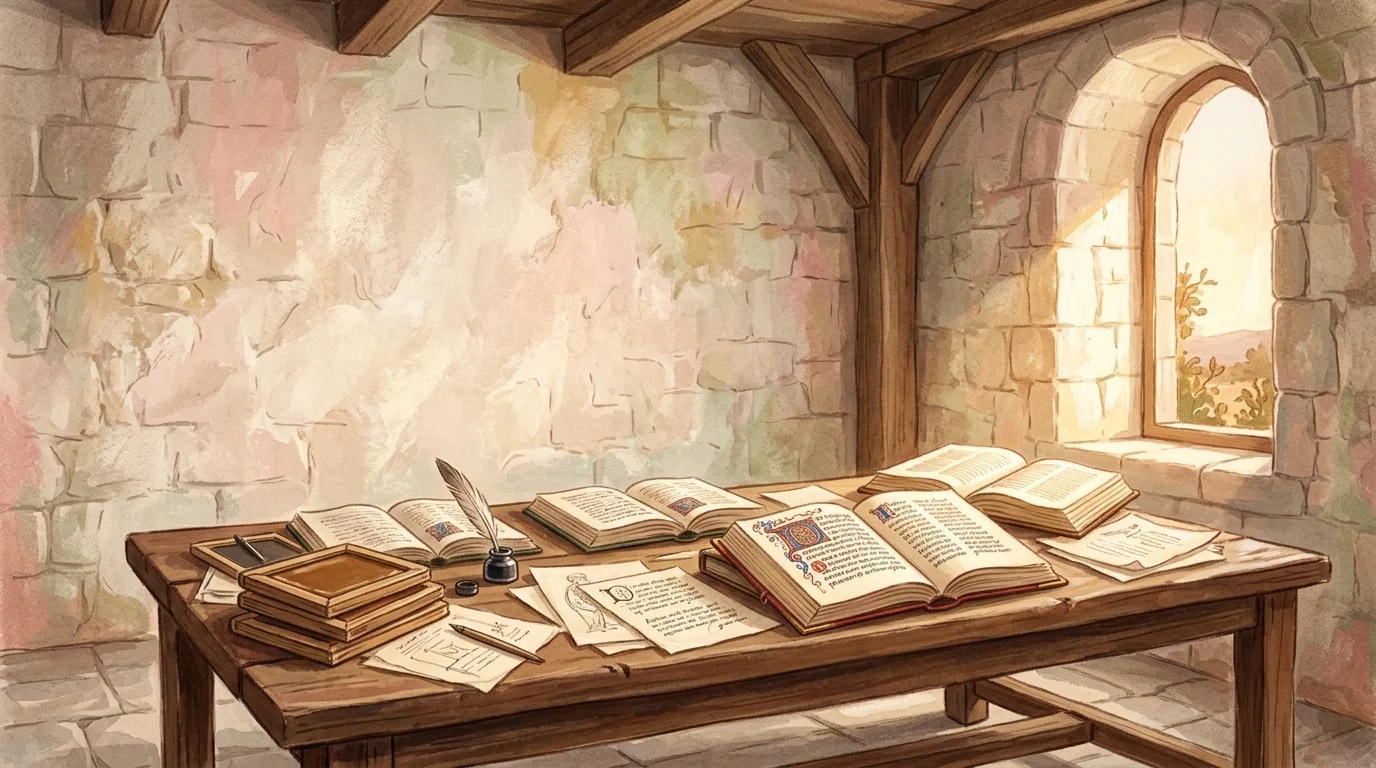 Eight matching bound volumes on a shelf with one new unbound folio beside them in morning light — a Mass read eight times before and three fresh prayers about his life and works