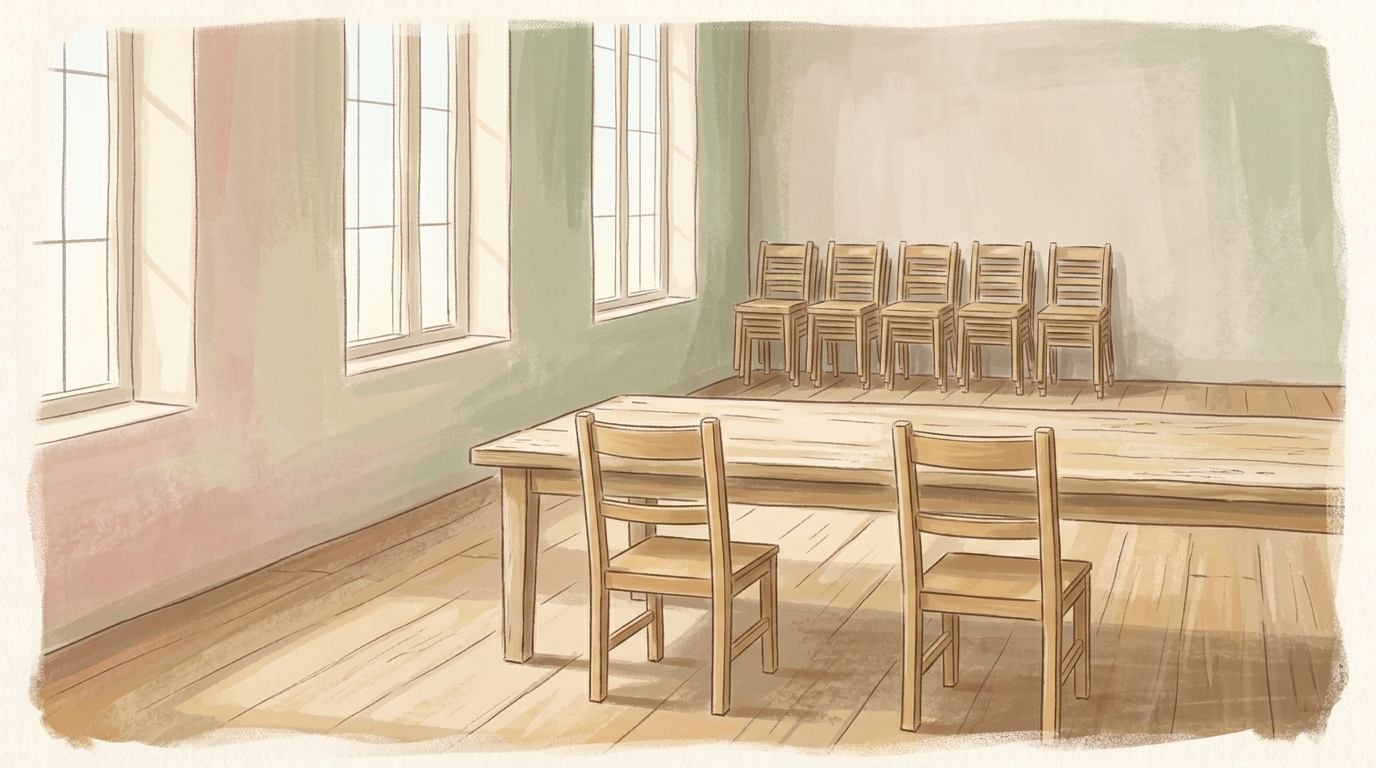 Two plain chairs of the same height set side by side at a long table in an empty parish hall at late morning, one feast kept for Cornelius and Cyprian with neither of them placed above the other
