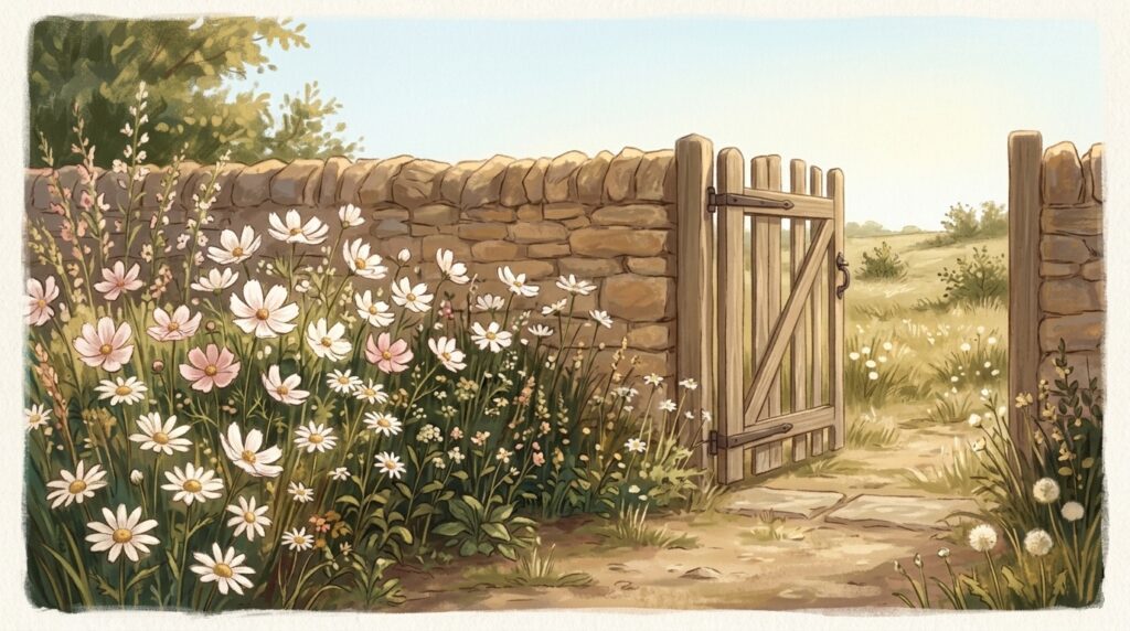 White cosmos and marguerites along a low stone wall in full midday sun with a wooden gate standing open, a white feast kept in the open air, which is the shape of a prayer for those who delight in her name