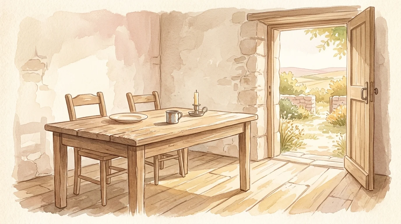 Two chairs pushed back from a table and a door left open to a bright yard—a household divided in the Gospel that ends on a cup of cold water