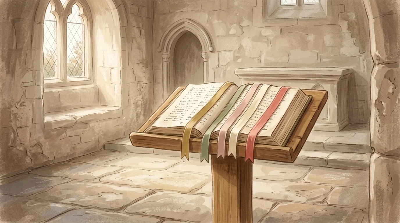 An open book on a chapel lectern with six ribbons marking the readings of Ember Saturday