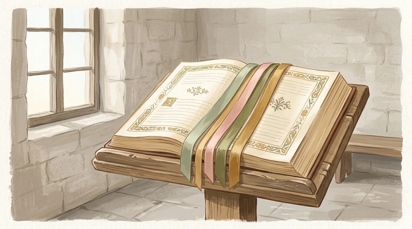 An open missal on a lectern with five ribbon markers in morning light — the long Ember Saturday that ends with a daughter of Abraham set straight