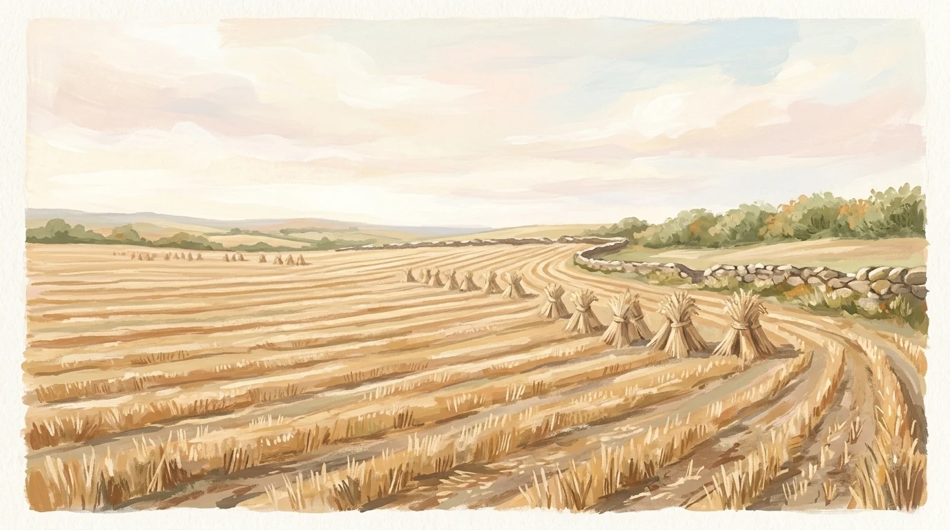 A harvested September field at midday with gathered sheaves and cut stubble — the Ember Saturday whose Gospel ends with a woman named a daughter of Abraham