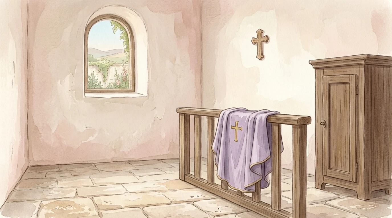 A violet chasuble folded over a rail in a plain sacristy in September daylight, before a fast day that reads aloud that the joy of the Lord is our strength