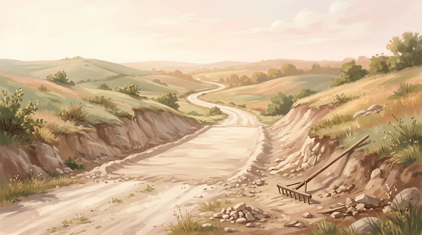 A road through low hills with one filled and smoothed stretch, illustrating every valley shall be filled