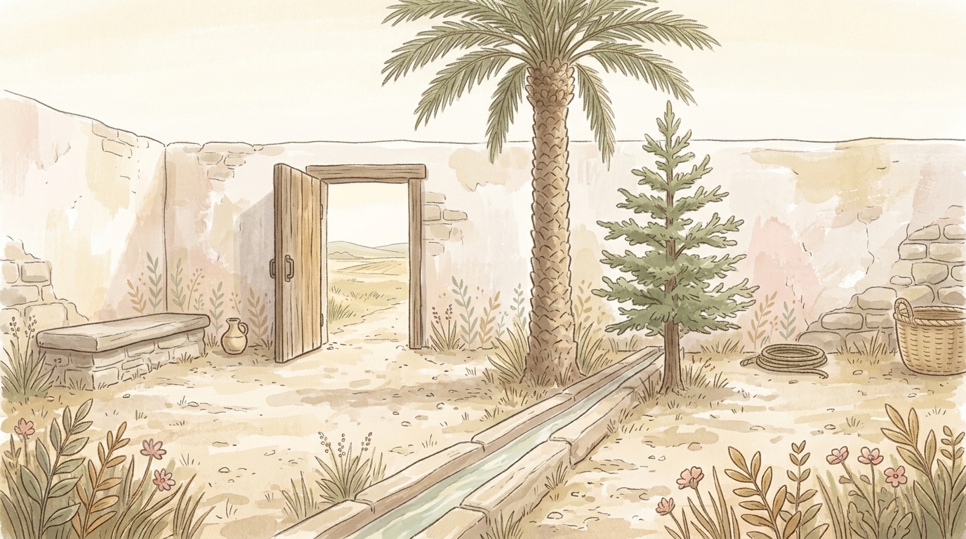 Fear not, little flock — a date palm and a young cedar growing side by side in a walled courtyard at late morning