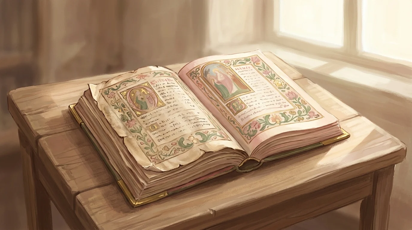 An old book open on a wooden table in daylight, one page more worn than the other