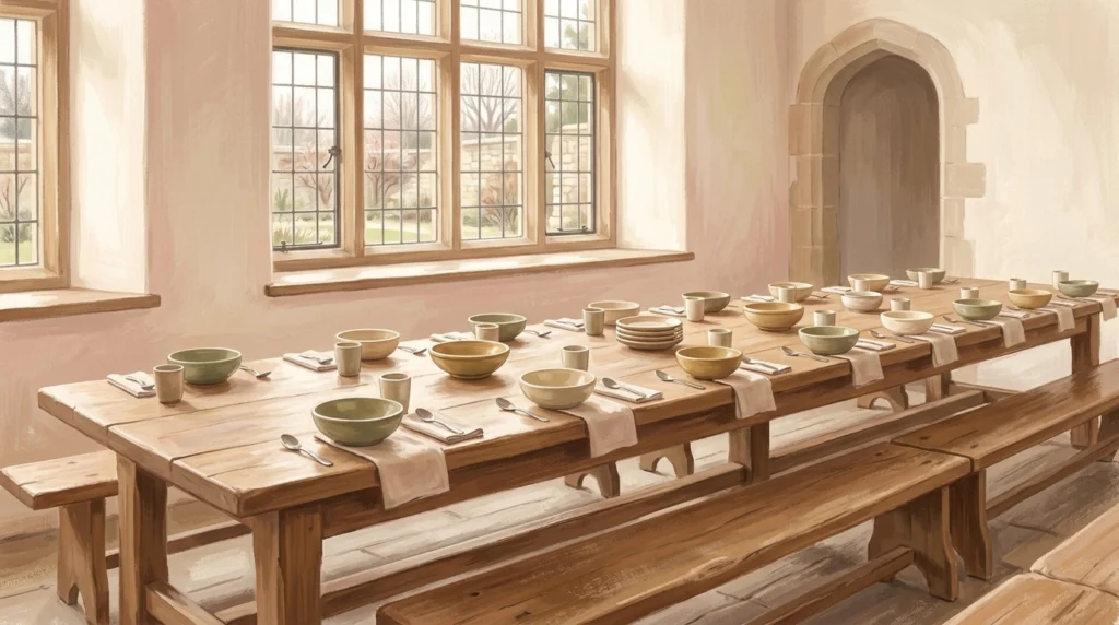A long plain refectory table laid end to end with simple bowls in morning daylight