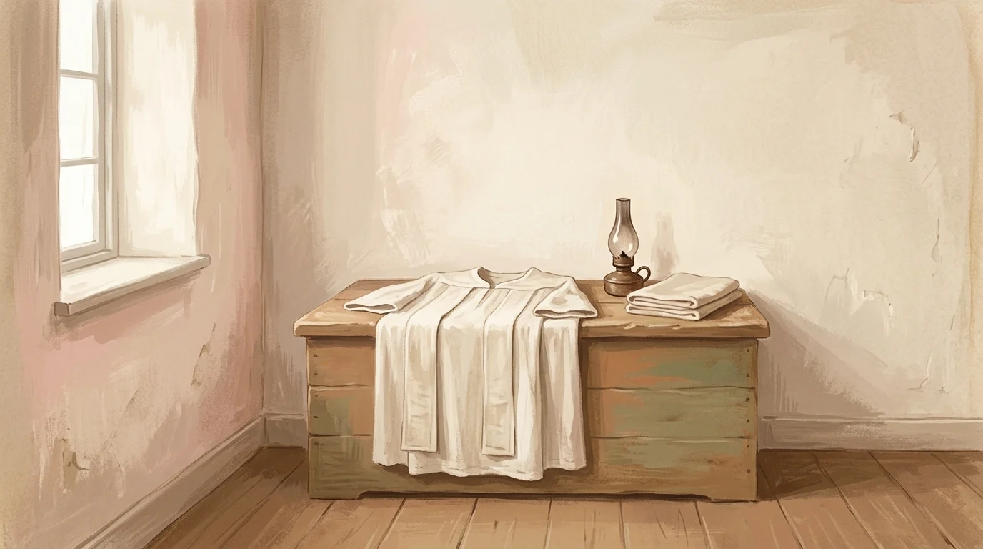 A white vestment laid flat over a plain wooden chest in winter daylight