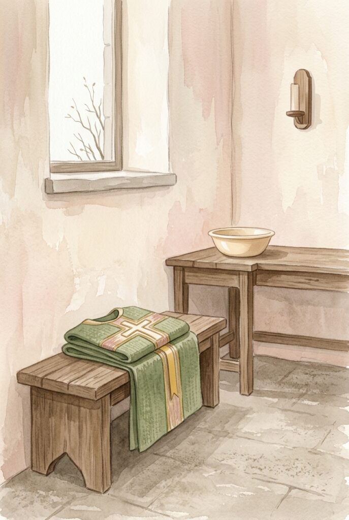 A folded green chasuble on a bench in a bare sacristy in morning light, illustrating a fourth-class feria that repeats the preceding Sunday's Mass