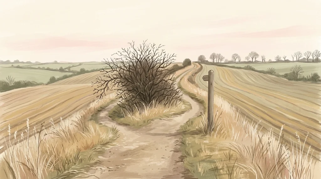 A worn ridge footpath splitting around a thorn bush and rejoining under clear winter light beside a blank waymarker post — a Gospel that answers a question about somebody else with follow thou me