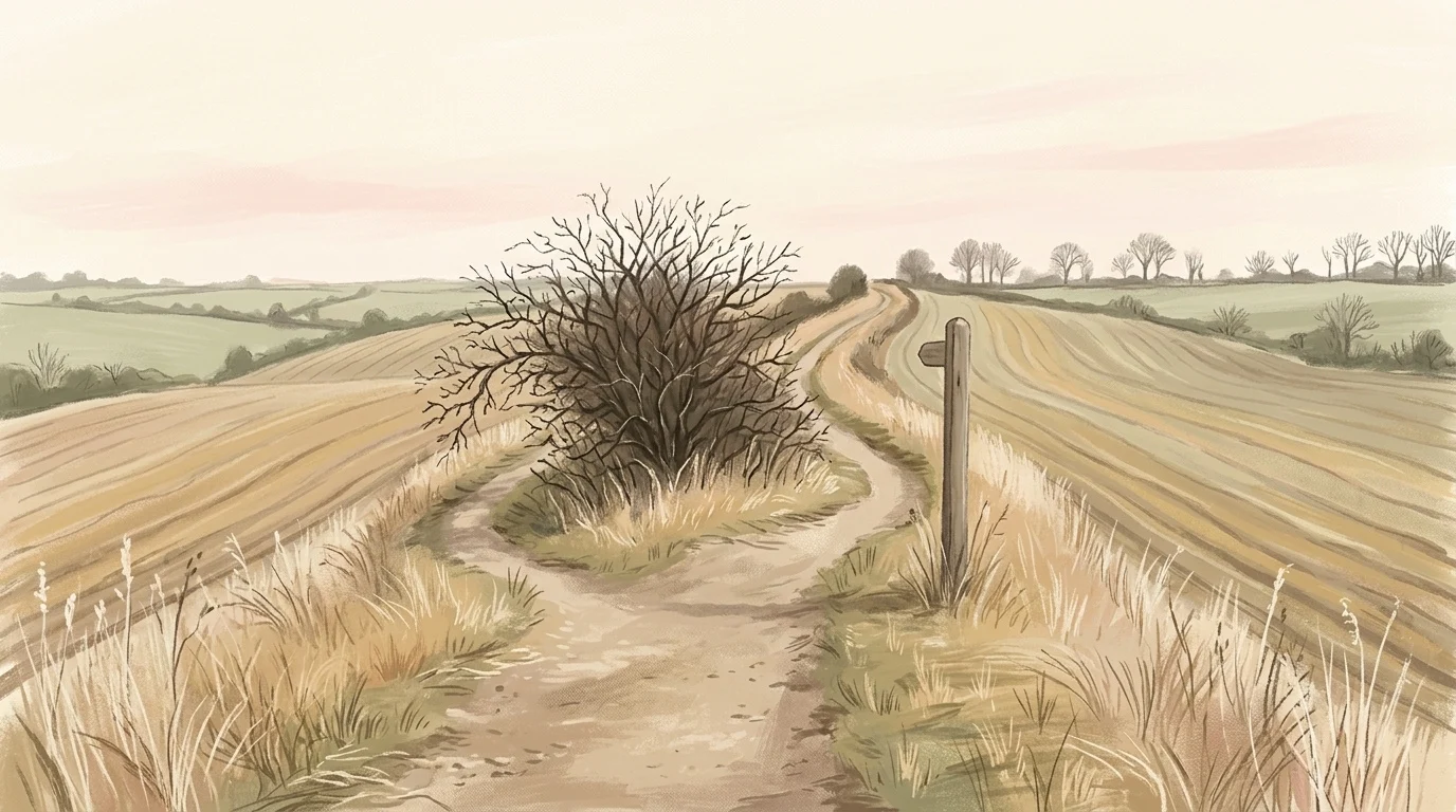 A worn ridge footpath splitting around a thorn bush and rejoining under clear winter light beside a blank waymarker post — a Gospel that answers a question about somebody else with follow thou me