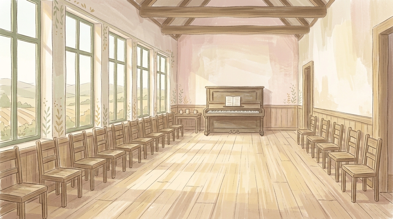 An open upright piano and a cleared floor in a bright empty village hall with the chairs pushed back to the walls, a room set up for a gladness somebody else arranged, which is what it means to ask that he gladden us by his intercession
