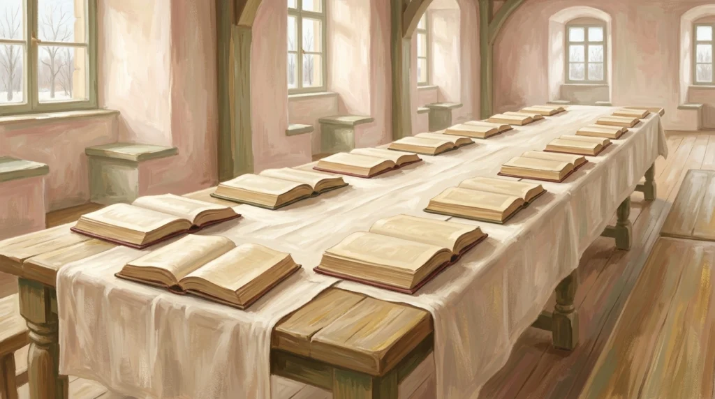 A long table of identical open books in winter daylight, illustrating the shared Mass of December 13, 2025.