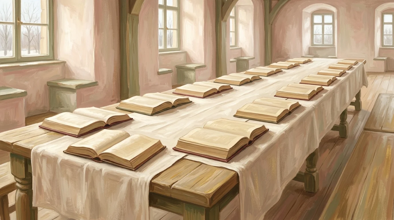 A long table of identical open books in winter daylight, illustrating the shared Mass of December 13, 2025.