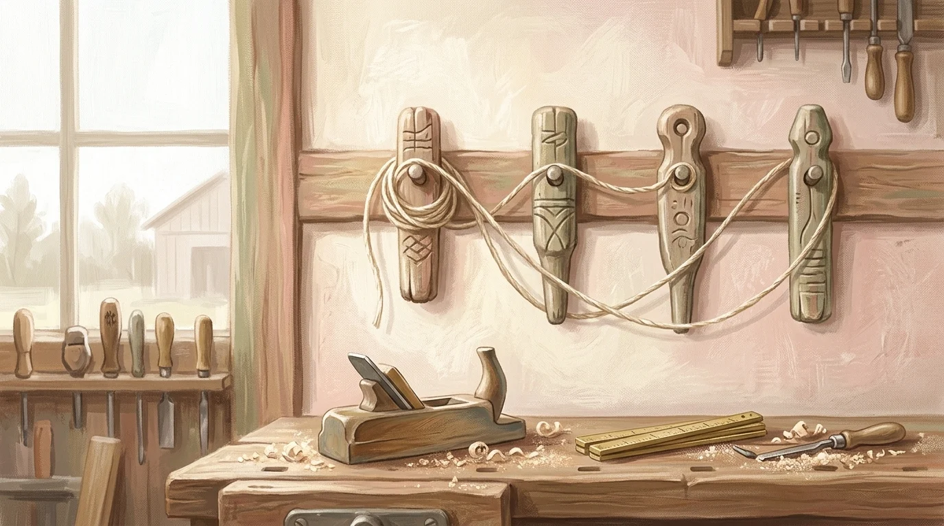 Four wooden pegs on a workshop wall with a length of twine running from the last back to the first