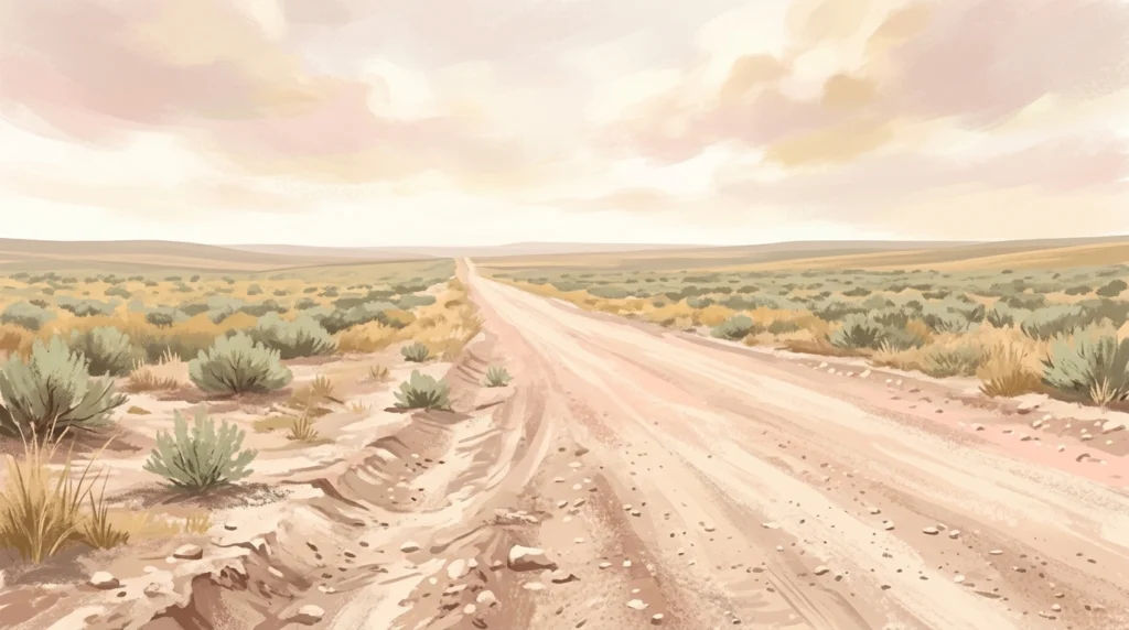 A wide unpaved road running out across open flat country under a bright overcast winter sky