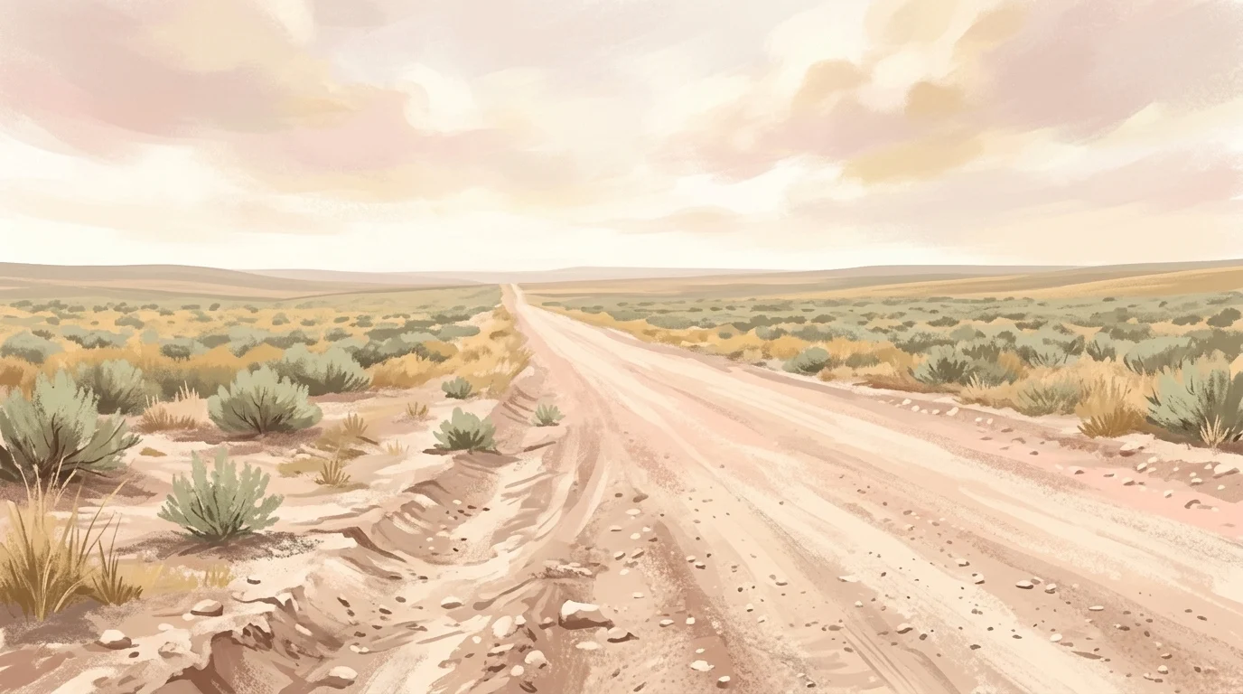 A wide unpaved road running out across open flat country under a bright overcast winter sky