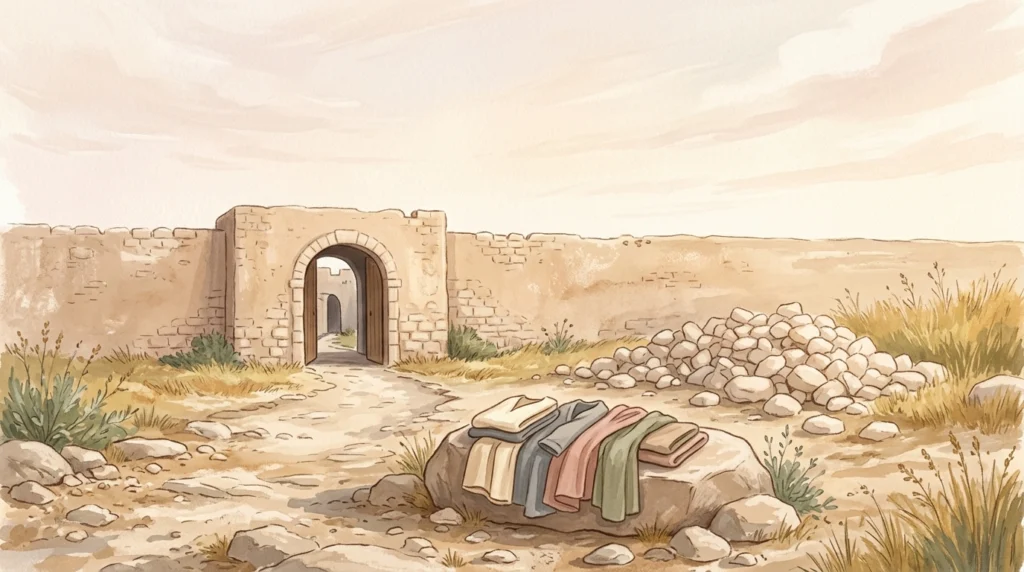 Stony ground outside an open city gate with folded garments stacked on a boulder in morning light — the place where a man said I see the heavens opened
