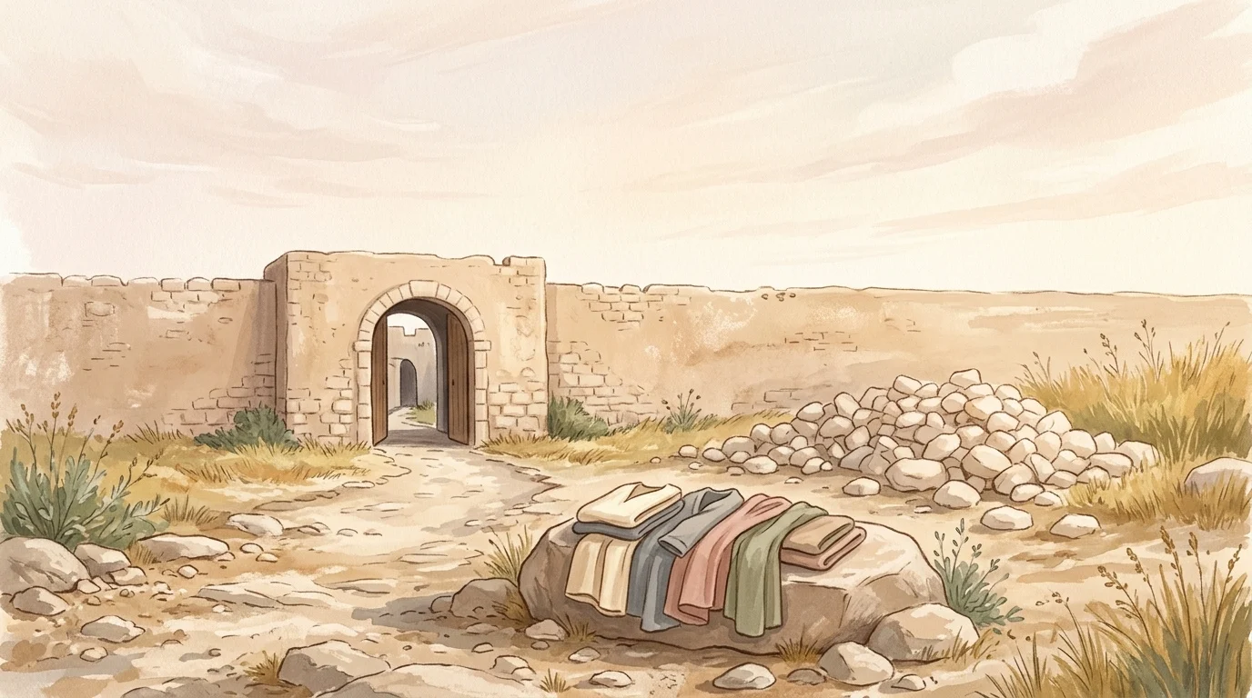 Stony ground outside an open city gate with folded garments stacked on a boulder in morning light — the place where a man said I see the heavens opened