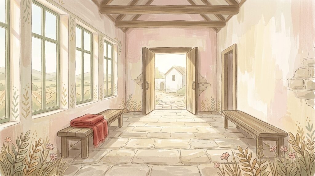 A long empty stone hall in mid-morning daylight with an open doorway at the far end, illustrating the propers for St. Cecilia, Virgin and Martyr