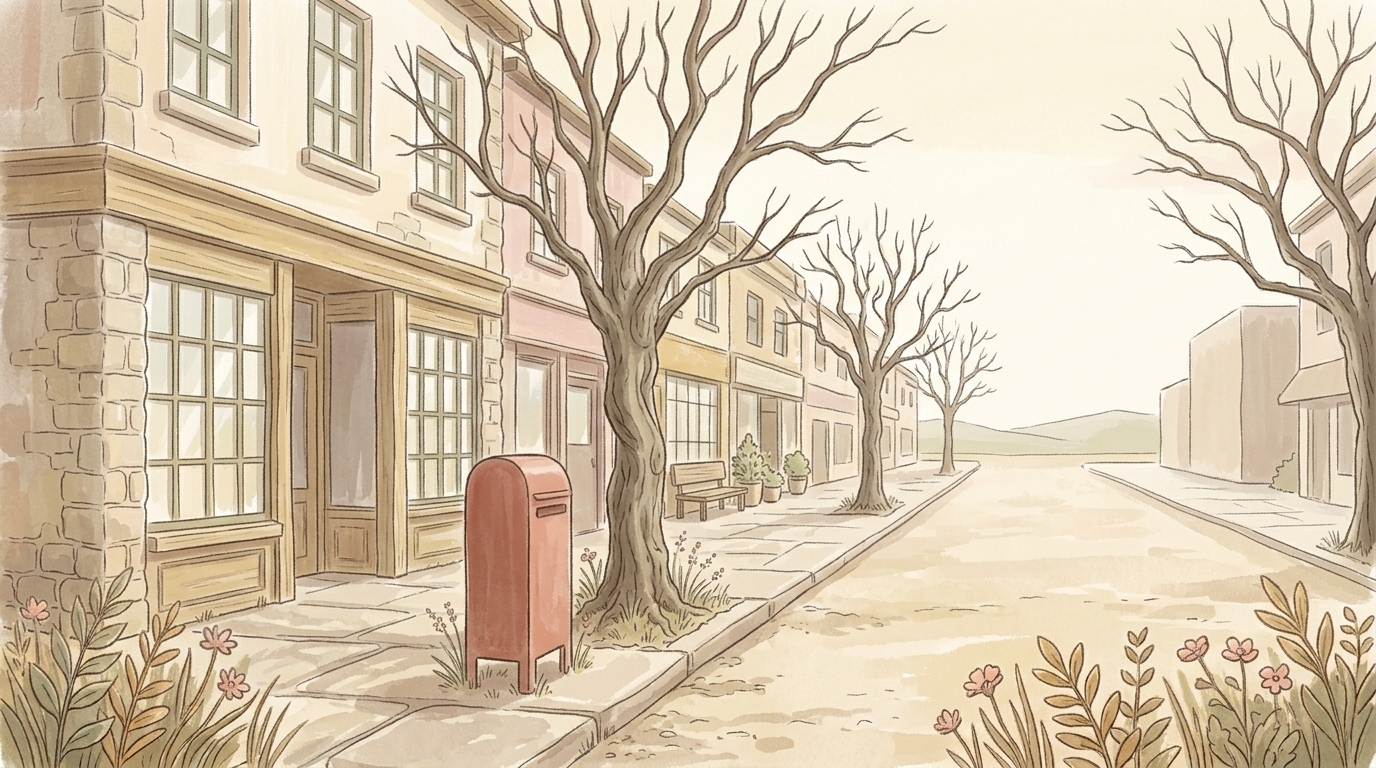 I will hear you — an ordinary small-town street at mid-morning in late November under flat overcast daylight, with nothing happening