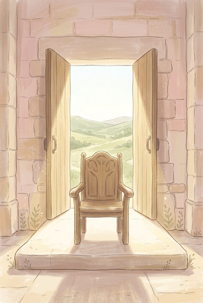 Imitate what we commemorate — an empty carved chair of state in a stone hall with the doors open to morning light