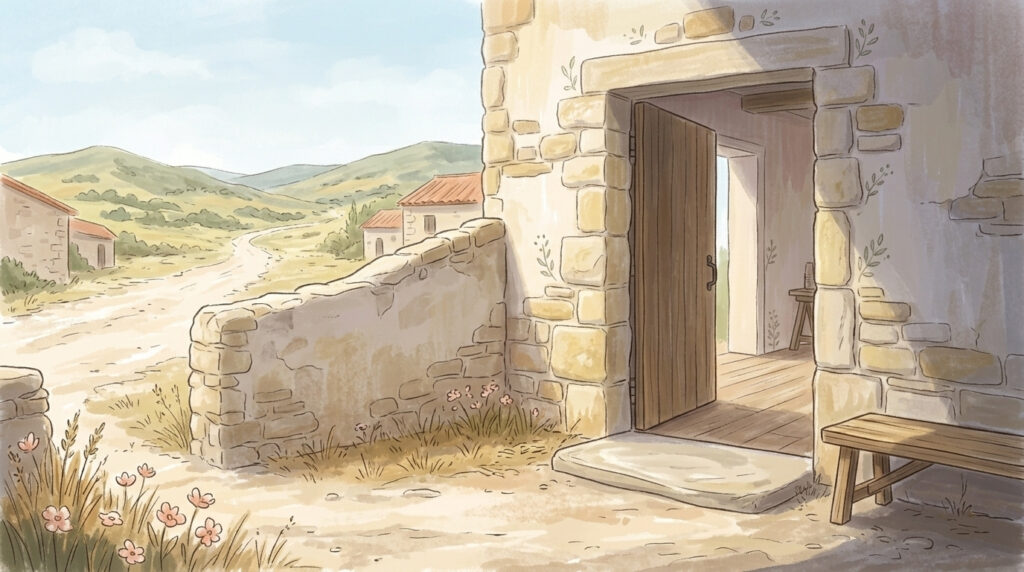 Imitate what we commemorate — an open stone doorway of a pilgrim hostel facing a bright road