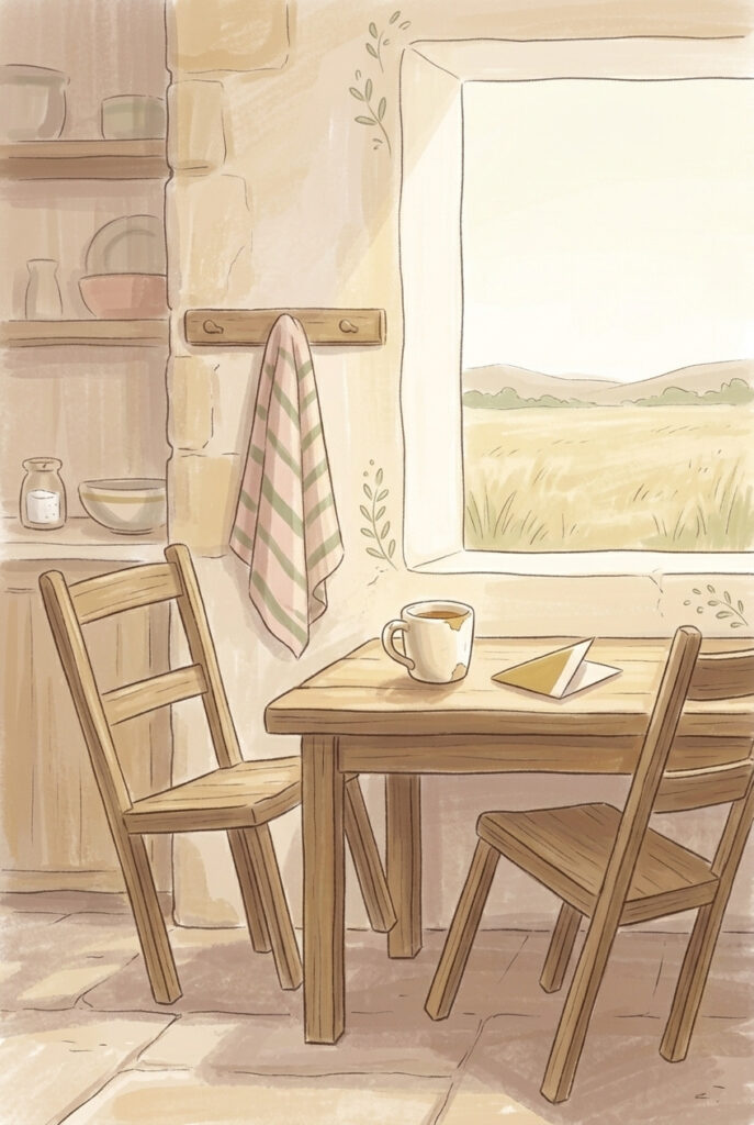 Imitate what we commemorate — a kitchen table at midday with two chairs pushed back, a mug, and a folded index card