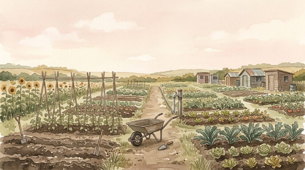 Cultivated allotment beds and a wheelbarrow on a worn earth path in bright September light — a prayer that a returning day may increase our devotion rather than begin it